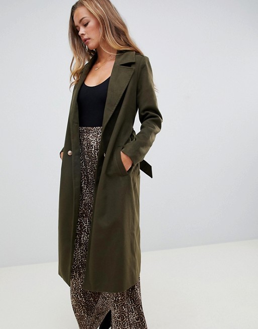 Missguided belted military coat in green | ASOS US