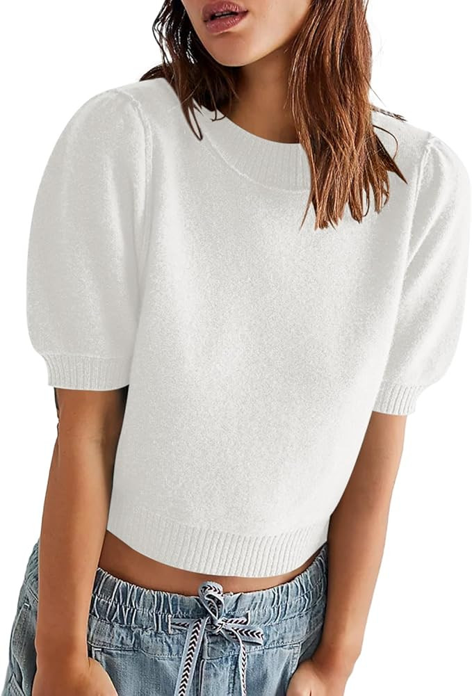 Chang Yun Women's Puff Short Sleeve Pullover Sweaters Tops Summer Trendy Crewneck Casual Knitted ... | Amazon (US)
