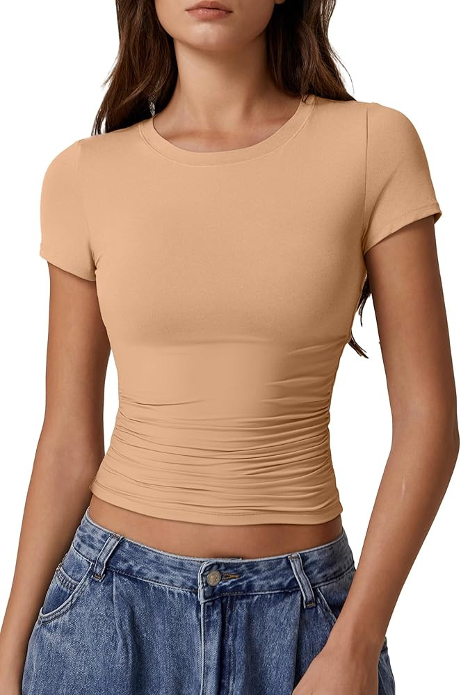QINSEN Short Sleeve Shirts for Women Round Neck Basic Double Lined Tees Fitted Y2k Crop Tops | Amazon (US)