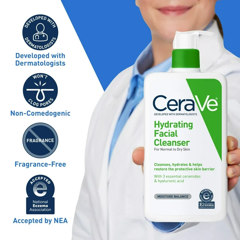 CeraVe Hydrating Facial Cleanser for Normal to Dry Skin, Daily Face Wash for Dryness, 12 fl oz | Walmart (US)