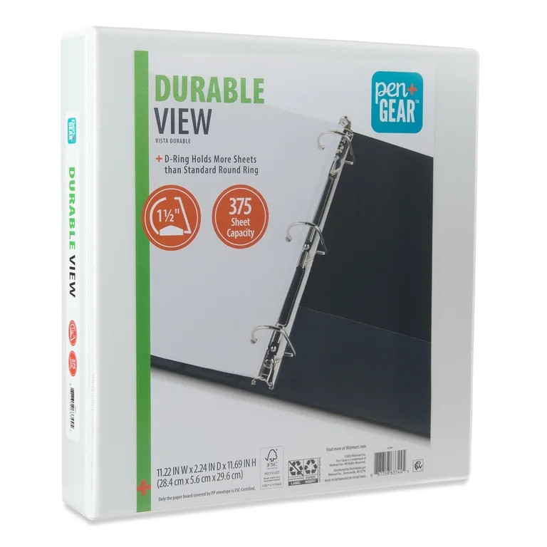 Pen+Gear Durable View 1.5" D-Ring Binder, White | Walmart (US)