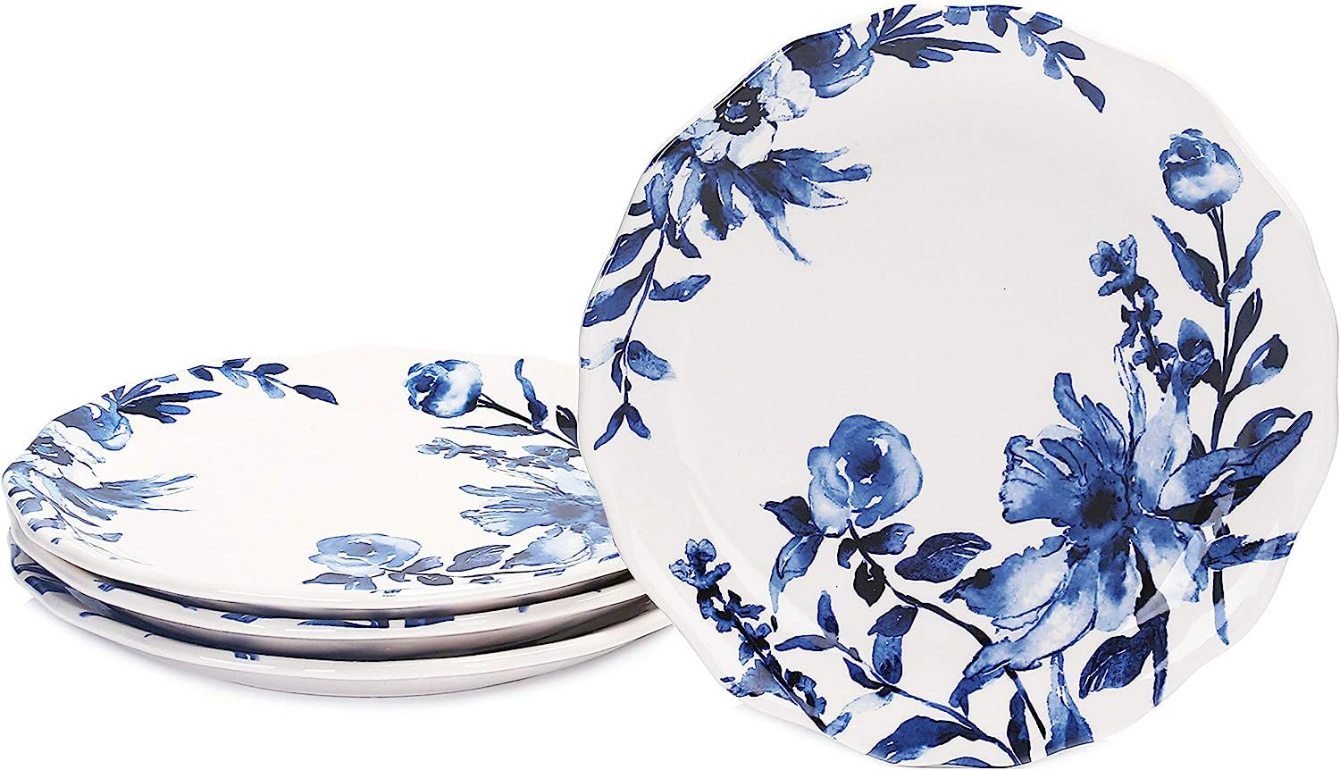 Bico Watercolor Blue Flower Ceramic 8.75 inch Scalloped Salad Plates, Set of 4, for Salad, Appeti... | Amazon (US)