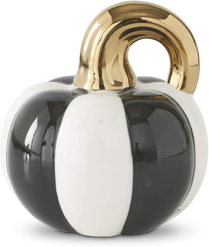 K&K Interiors 3.25 Inch Striped Ceramic Pumpkin w/Gold Stem, Black and White | Amazon (US)