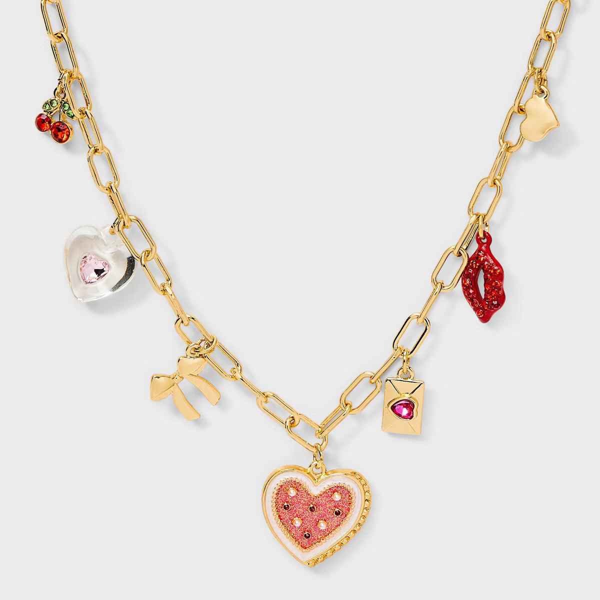 Valentine's Day Heart Bow Lips Charm Necklace - Gold | Target