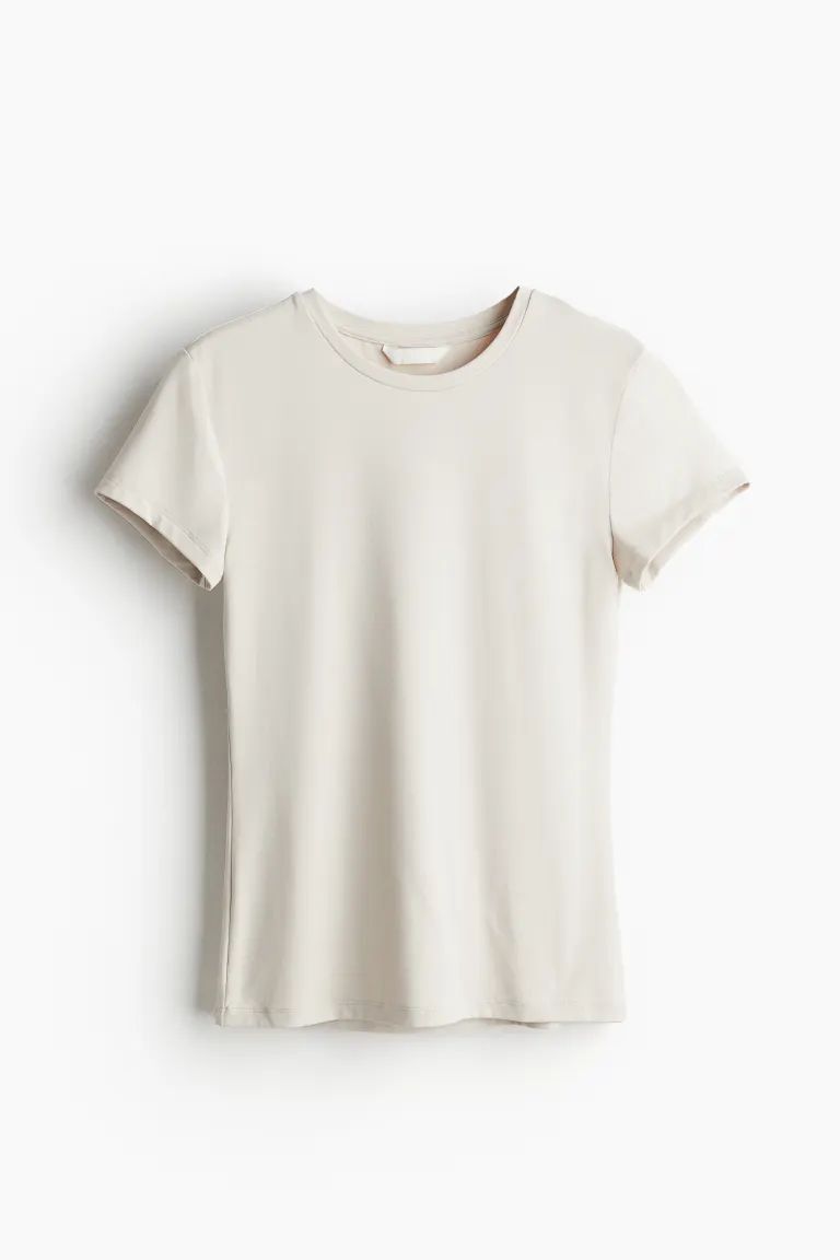 Fitted microfibre T-shirt - Round neck - Short sleeve - White - Ladies | H&M GB | H&M (UK, MY, IN, SG, PH, TW, HK)