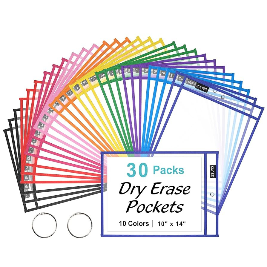 SUNEE 30 Packs Oversized Reusable Dry Erase Pocket Sleeves with 2 Rings, 10 Assorted Colors 10x14... | Amazon (US)