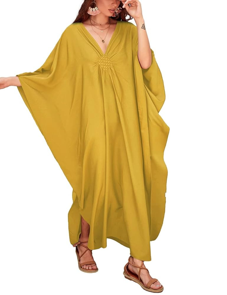 Bsubseach Women Solid Color Cover Up V Neck Batwing Sleeve Plus Size Beach Kaftan Dresses | Amazon (US)