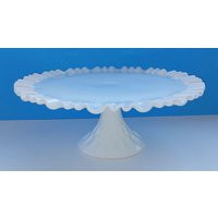 Mid Century Fenton Hobnail Milk Glass Pedestal Cake Stand With Thumbprint Design, Vintage Ruffled Stand | Etsy (US)