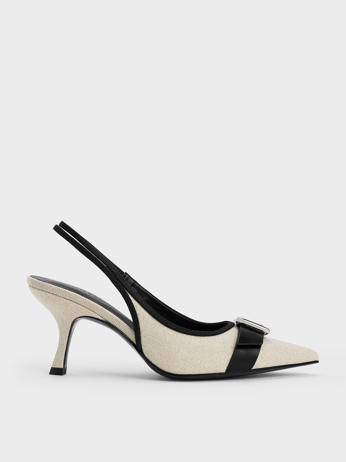 Linen Buckled Pointed-Toe Slingback Pumps
 - Chalk | Charles & Keith UK