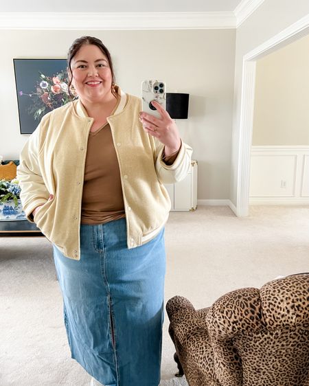 It feels like everything that I wanted I'm high school that didn't come in my size is coming back into style 🎉 This plus size bomber jacket and long denim skirt are fun casual fall outfit options. 
#ltkcurves 

#LTKplussize #LTKover40