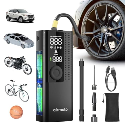 Airmoto Tire Inflator Portable Air Compressor - Air Pump For Car Tires with Digital Pressure Gauge, LED Light and Auto Shut-Off Function - Cordless Pump for Car, Motorcycle, Bicycle, Ball | Amazon (US)