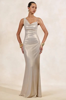 Galaxy Shimmer | Champagne Bias Cut Cowl Front Maxi Dress | Club L London
