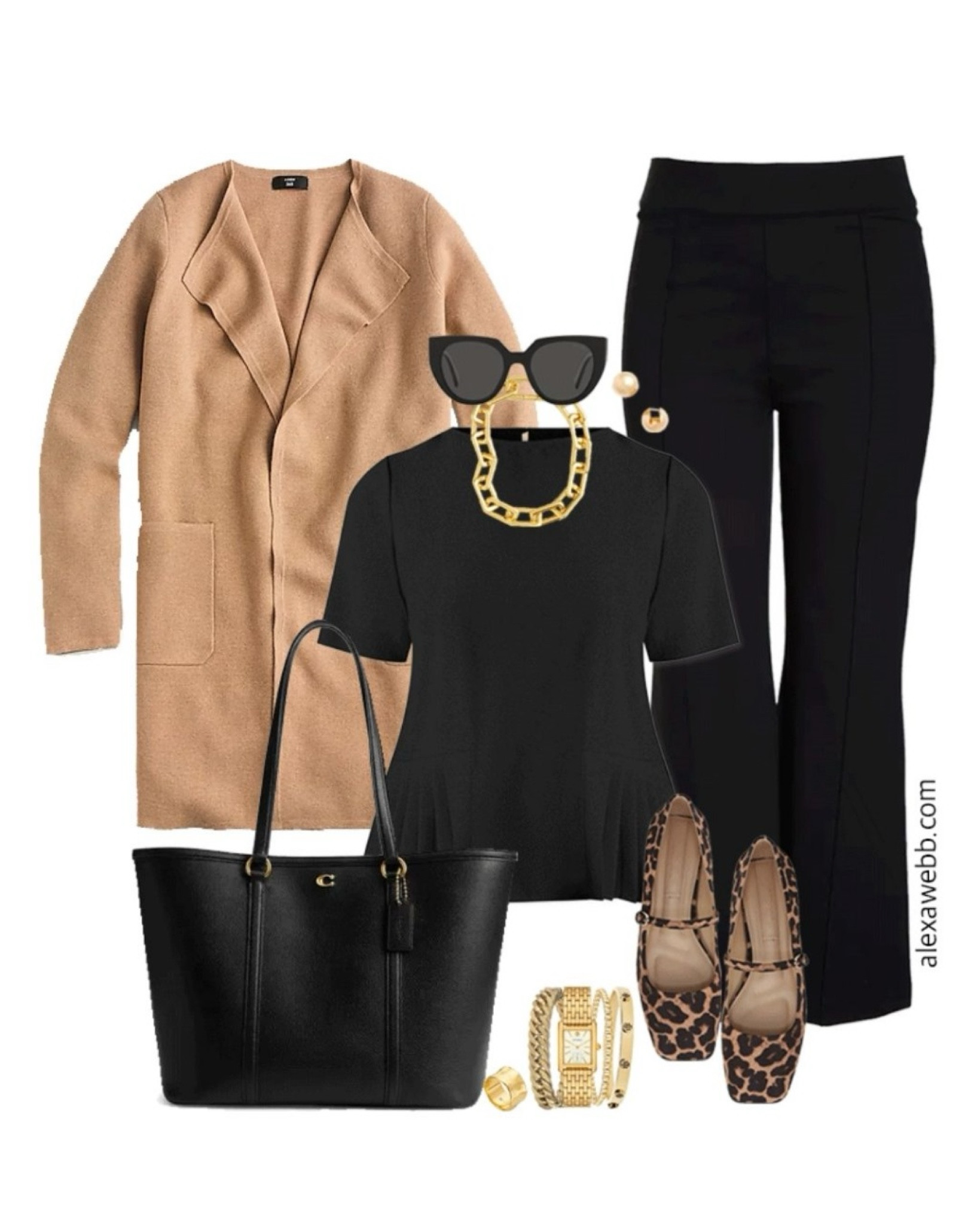 Plus size fall business casual work capsule wardrobe with sweater blazer, black blouse, black flare pants and leopard Mary Jane flats. Alexa Webb 

#LTKPlusSize #LTKWorkwear #LTKStyleTip