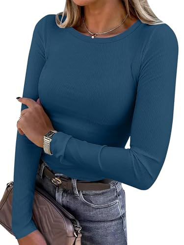 ANRABESS Women Long Sleeve Shirts Rib Knit Slim Fit Tops Basic Tee 2025 Fall Outfits Casual T-Shirt Underscrubs Layer Clothes Deep Blue XX-Large | Amazon (US)