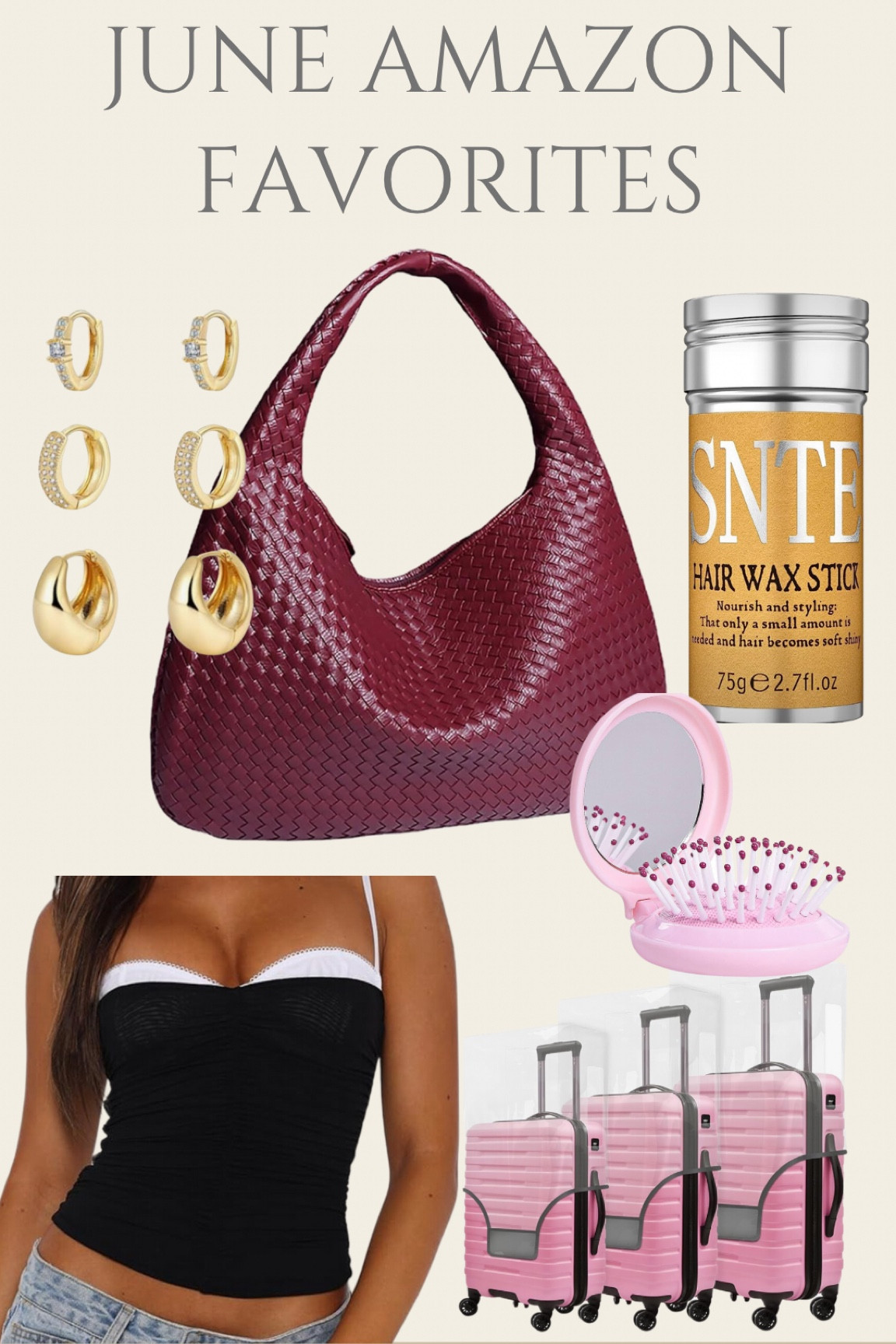 June Amazon Favorites 

- Mini hairbrush
- Anthropologie Brigette Dupe 
- Plastic Luggage Cover 
- Hair Wax Stick
- Viromy Gold Hoop Earring Set
- Reformation Dupe Spaghetti Strap Tank 

#LTKSeasonal #LTKSummerSales #LTKFindsUnder50