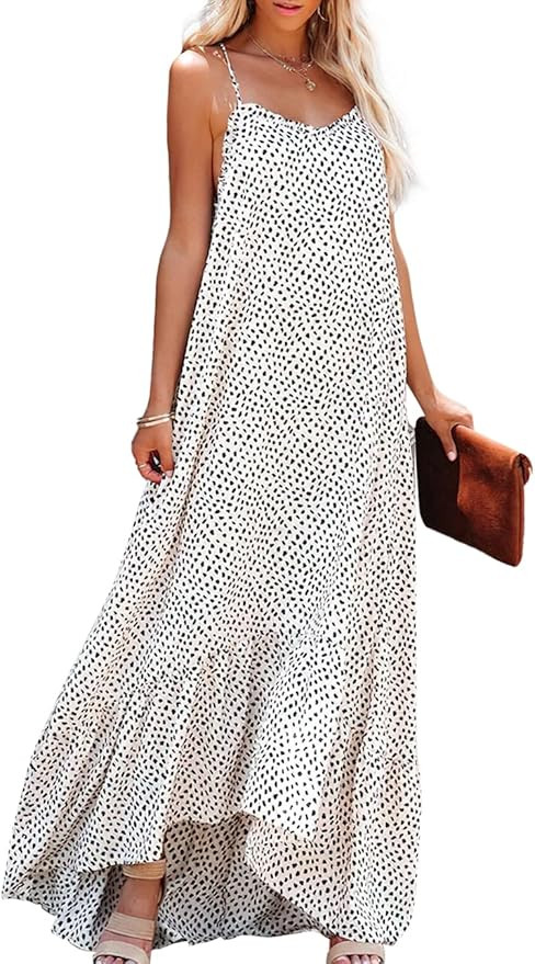 ANRABESS Womens Summer High Low Ruffle Maxi Dress Spaghetti Strap Print Flowy Beach Long Dress | Amazon (US)