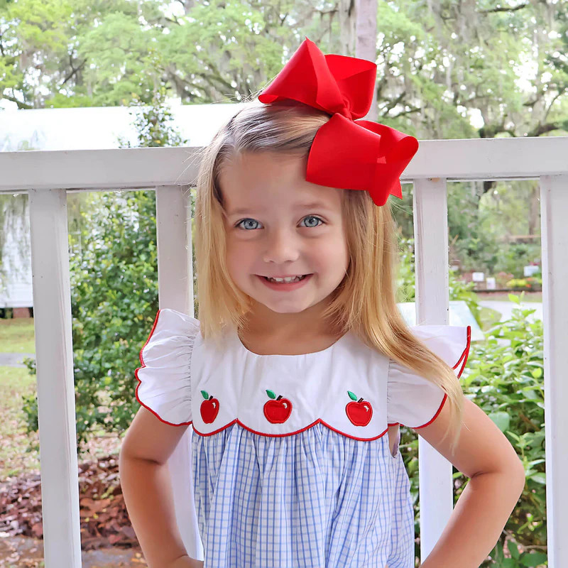 Apple Scalloped Light Blue Windowpane Amelia Dress | Classic Whimsy