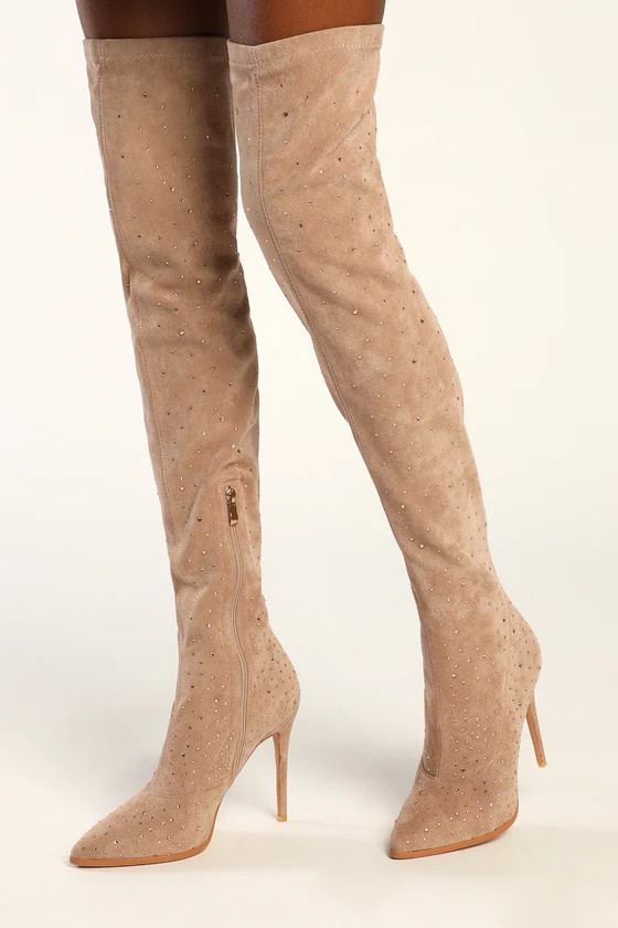 Glamur Light Nude Suede Rhinestone Over-the-Knee Stiletto Boots | Lulus (US)