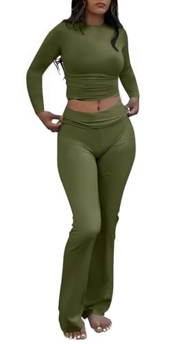 AYWA Women's 2 Piece Outfits Foldover Flare Pants Long Sleeve Crew Neck T-shirt Fitted Pajama Sets (Army Green, Large) | Amazon (US)