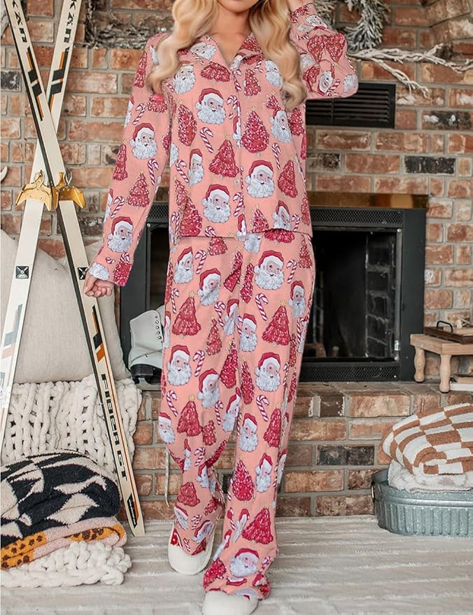 Ecosunny Christmas Santa Pajama Set Women's Long Sleeve Sleepwear Soft Loungewear Two Piece Butto... | Amazon (US)