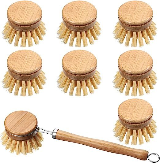 8 Pieces Wooden Kitchen Dish Brush Include Bamboo Scrub Cleaning Brush and Replacement Brush Hea... | Amazon (US)