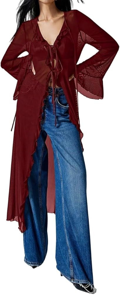 Women Lace Mesh Tie Front Maxi Top Ruffled Long Sleeve Sheer Cardigan See Through Flowy Kimono Co... | Amazon (US)