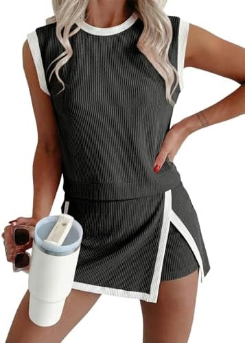EVALESS 2 Piece Sets for Women Summer Outfits Ribbed Knit Tank Top and Split Lined Skirt Two Piec... | Amazon (US)