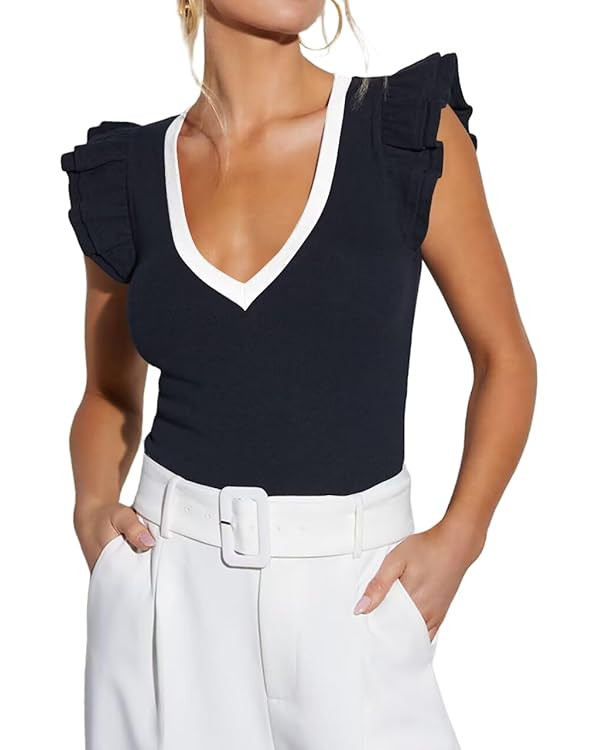 Ezbelle Women's Summer Sleeveless Tops V Neck Ruffle Shirts Knit Ribbed Tank Top Sexy Blouse 2024 | Amazon (US)