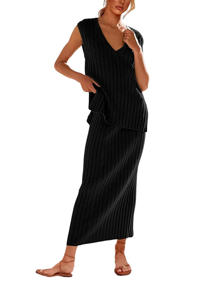 SCUSTY Women's 2 Piece Sweater Skirt Sets Sleeveless V Neck Knit Ribbed Vest Tops Midi Skirt | Amazon (US)