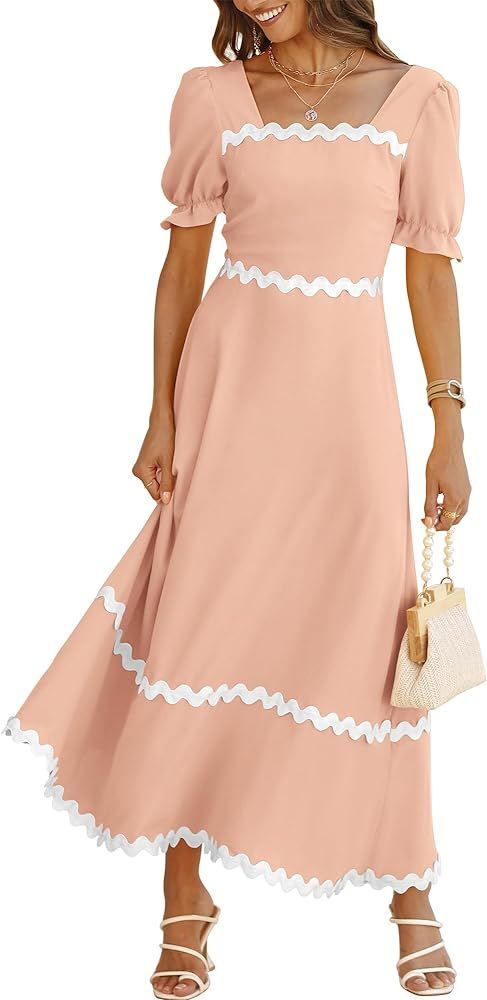 BTFBM Women's 2024 Summer Square Neck Short Puff Sleeve Dress Casual RIC Rac Tie Back Smocked A L... | Amazon (US)