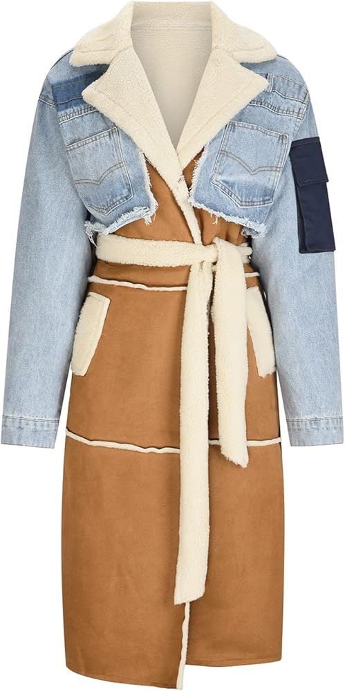 Women Winter Coat Sherpa Fleece Lined Denim Patchwork Jacket Warm Long Outwear With Patch Fashion... | Amazon (US)