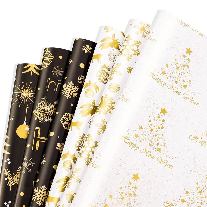 Yaoping 12 Pack Christmas Wrapping Paper, Metallic White and Black Printed Gold Snowflake Christm... | Walmart (US)