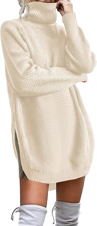 KIRUNDO Women's Casual Waffle Knit Turtleneck Sweater Long Sleeve Solid Irregular Hem Side Split ... | Amazon (US)