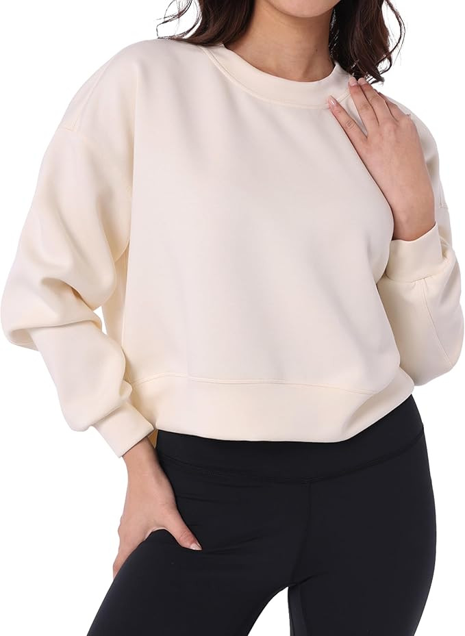 YUNOGA Womens Sweatshirts Crewneck Cropped Oversized Pullover Sweaters Solid Color Long Sleeve To... | Amazon (US)