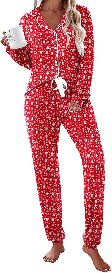 Ekouaer Pajamas Set Long Sleeve Sleepwear Womens Button Down Nightwear Soft Pj Loungewear with Po... | Amazon (US)