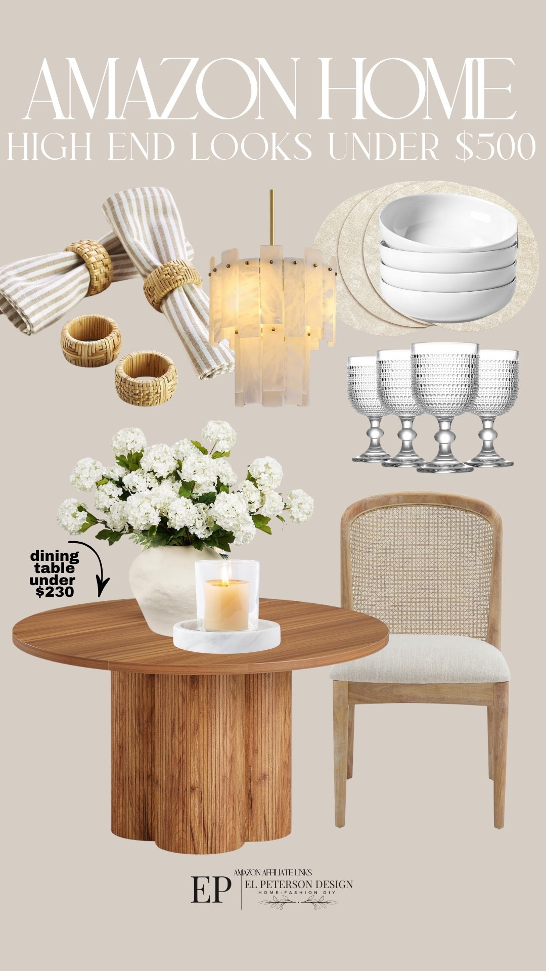 Amazon
Dining table 
Dining chair
Candle holder
Stand
Goblet glasses
Pendant light
Napkin ring
Bowls
Placemats

#LTKHome