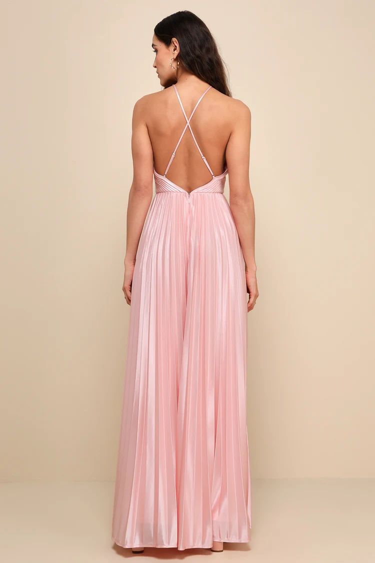 Elaborate Charm Light Pink Satin Pleated Backless Maxi Dress | Lulus