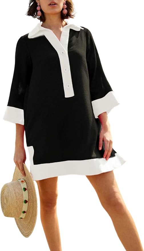 Omoone Swimsuit Coverup for Women Color Block Summer Beach Dresses V Neck Mini Linen Dress Shirts... | Amazon (US)