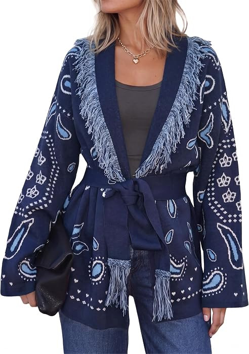 Cicy Bell Womens Fringe Cardigan Printed Long Sleeve V Neck Belt Sweaters | Amazon (US)
