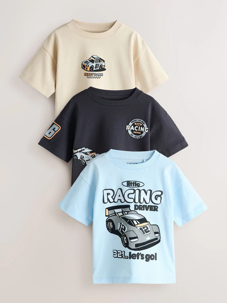 Black/Grey Race Car Short Sleeve Graphic T-Shirts 3 Pack (3mths-7yrs) | Next US