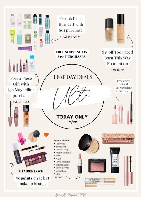 Leap Day deals at ULTA beauty. Free 16 piece hair gift with $65 purchase. $15 off Too Faced Born This Way foundation. Free mascara and micellar water gift with $30 Maybelline purchase. Earn 5x points on select brands: Lancome, Urban Decay, MAC, Laura Mercier, Bobbi Brown, Smashbox, NARS and more. Biolage trave size, lip liner and gloss, translucent setting powder, eyeshadow palette, lipstick, blush, primer.

#LTKsalealert #LTKfindsunder50 #LTKbeauty