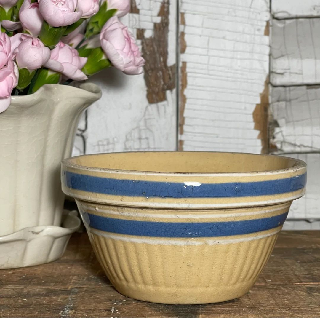 Vintage Yellow Ware Bowl 5”, Antique Blue Striped Bowl, Vintage Home Decor, Vintage Kitchen, Ho... | Etsy (US)