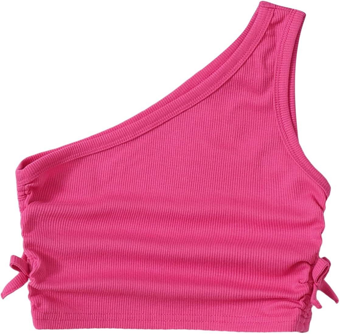 Milumia Girl's One Shoulder Ribbed Knit Ruched Drawstring Knot Side Crop Tank Tops | Amazon (US)