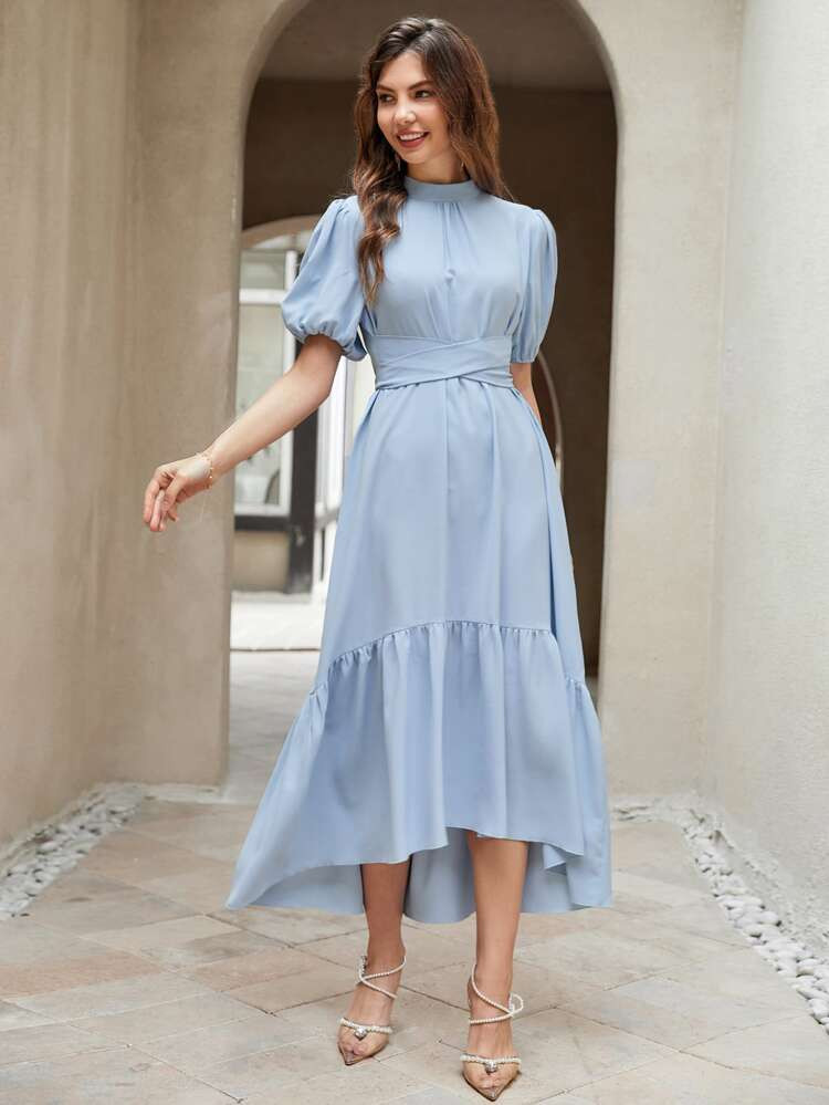 Puff Sleeve Mock Neck Ruffle High Low Hem Belted Dress | SHEIN