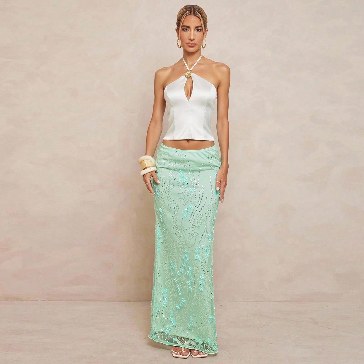 Lumalex Ausflug Sommer Badeanzug Bademode Schwimmen Urlaub Elegant Ostern Bohemian BOHO Meer Strand Heiß Outdoor Reich Geschichtet Hochzeitssaison Bankett Erwachsenwerden Zeremonie Strand Meer Frauen Pailletten Verziert Low Rise Schlitz Vorne Rock Für Frauen | SHEIN