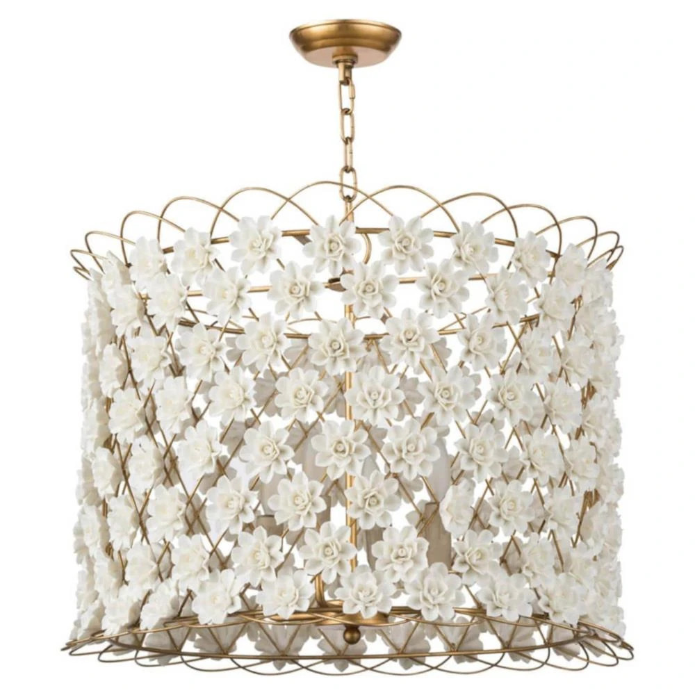 Alice Coastal White Porcelain Flowers Gold Iron Chandelier | Kathy Kuo Home