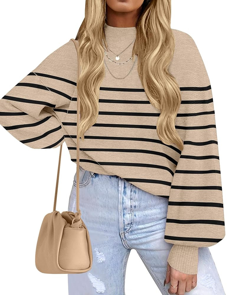 ZESICA Women's 2025 Fall Fashion Turtleneck Long Sleeve Striped Ribbed Knit Loose Pullover Sweate... | Amazon (US)