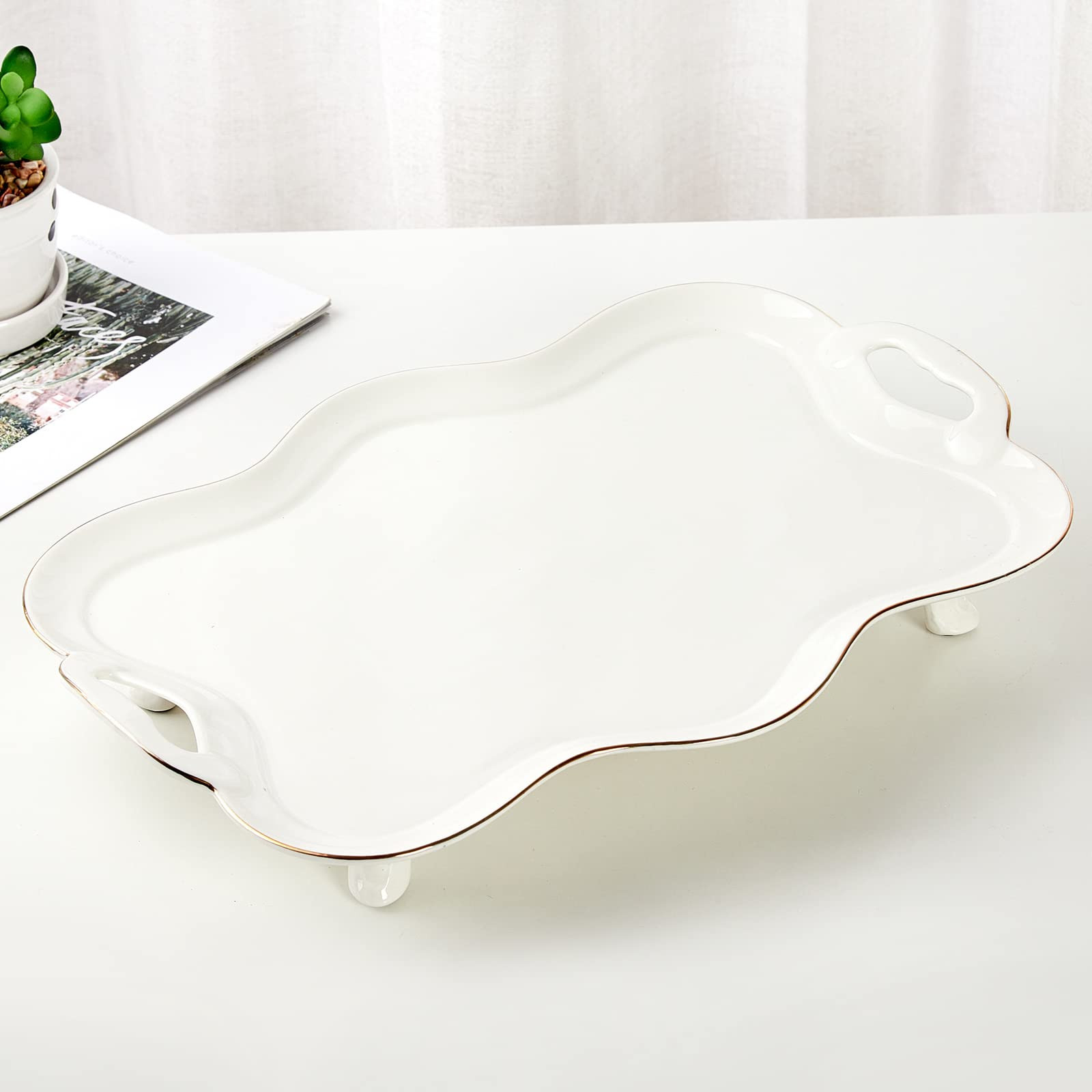 DUJUST Porcelain Serving Tray with Handles, Luxury British Style Coffee Table Tray with Golden Ri... | Amazon (US)