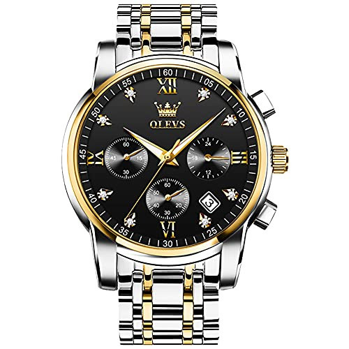 OLEVS Men's Watches Black Face Quartz Chronograph Gold Bezel Watch Men Roman Number Luxury Mens Two Tone Bracelet Watches Stainless Steel Band Easy Wear Classic Men Gifts for Him Watch Reloj De Hombre | Amazon (US)