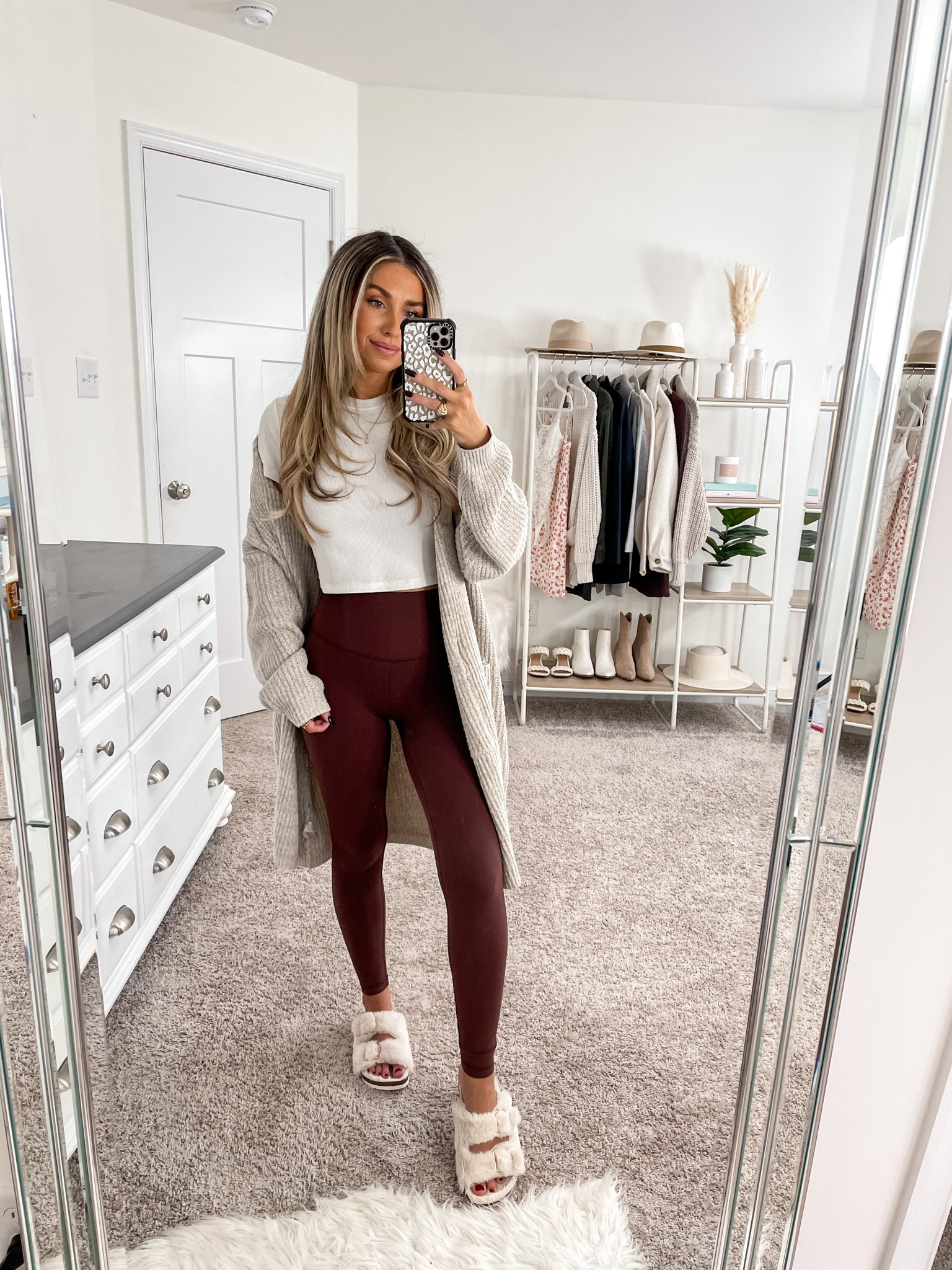 Cozy casual outfit 🥰 worn this around the house yesterday and for a chill dinner with friends at home! Everything is under $70!
+ cardigan: xs 
+ baby tee: xs 
+ leggings: xs 25 inch 
+ furry sandals: true to size 

#LTKfindsunder100 #LTKSeasonal #LTKstyletip